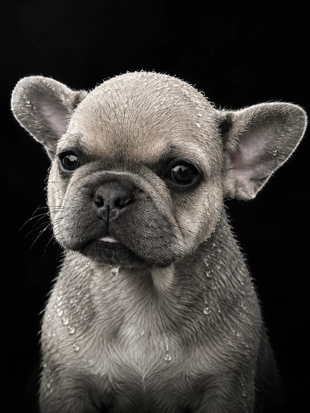 AI-created neutral monochrome puppy portrait with transparent water droplets