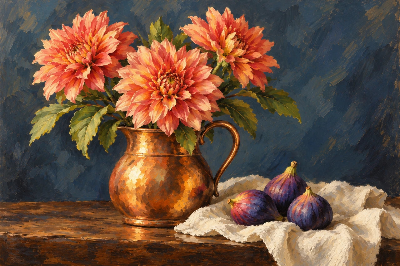 An expressive still-life painting study with copper highlights, coral dahlias and purple figs on ivory cloth.