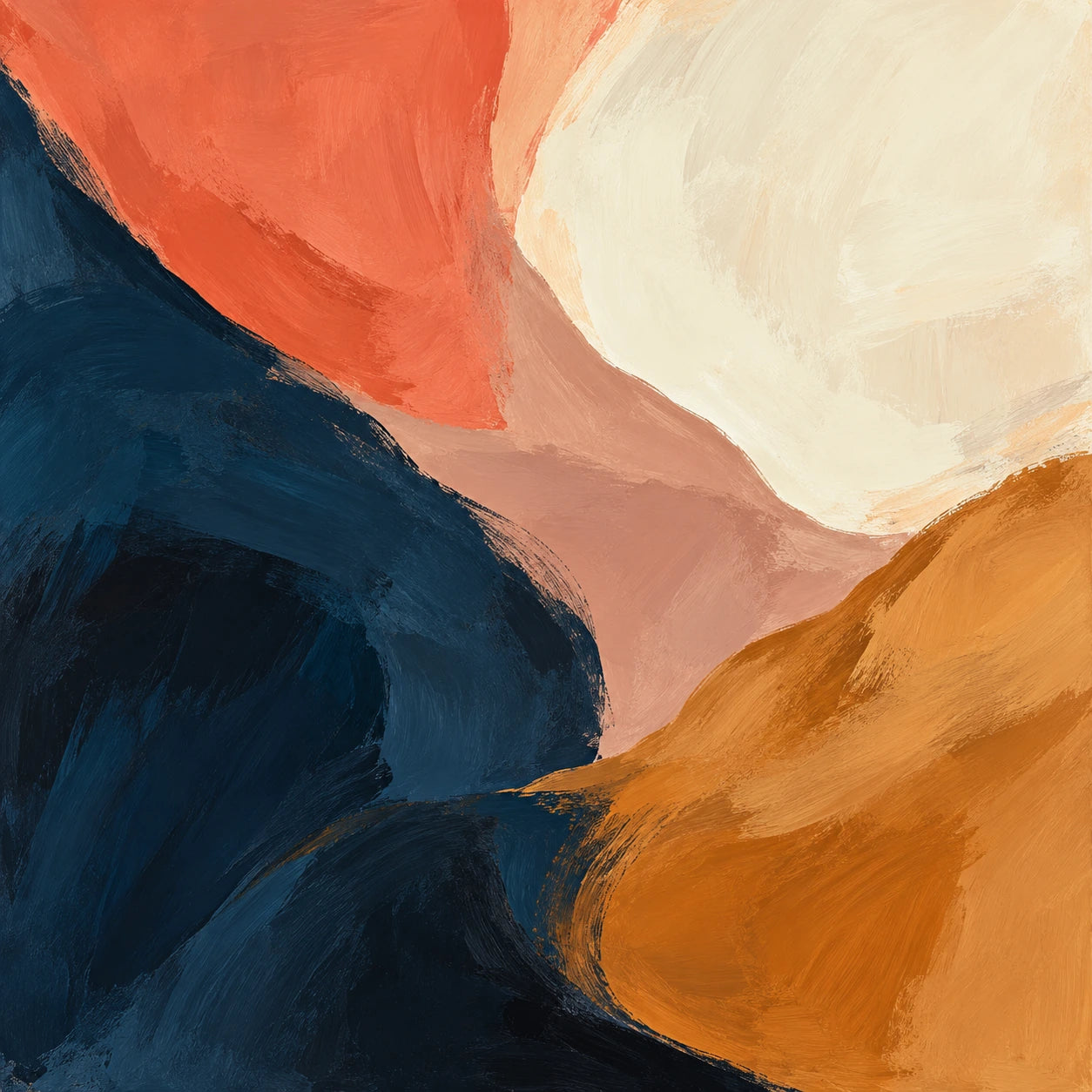 A square abstract colour plan with broad coral, ochre, ink-blue, rose and ivory shapes.