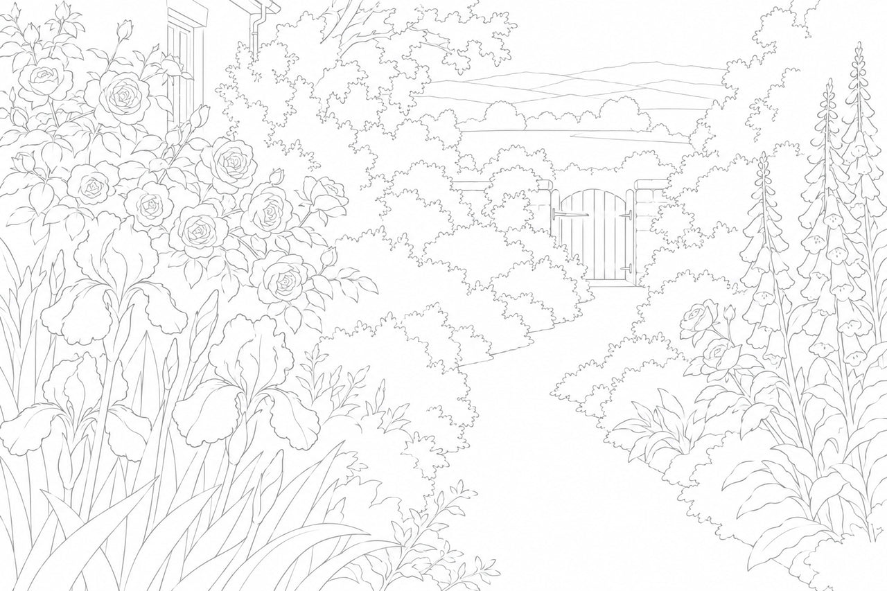 A pale grey outline drawing of the garden path, gate, irises, roses and foxgloves on white.