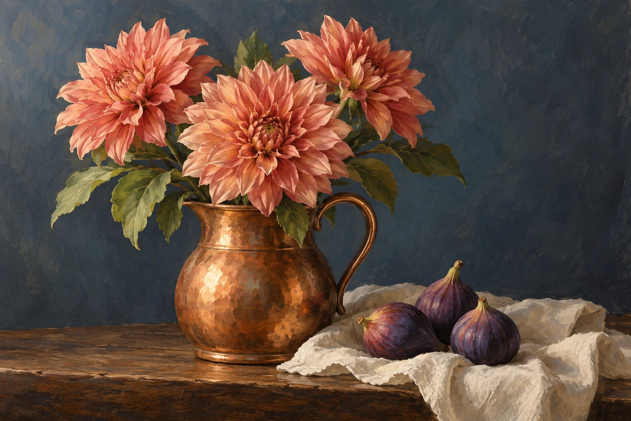 A colour plan with three coral dahlias in a copper jug and three purple figs on ivory linen against ink blue.