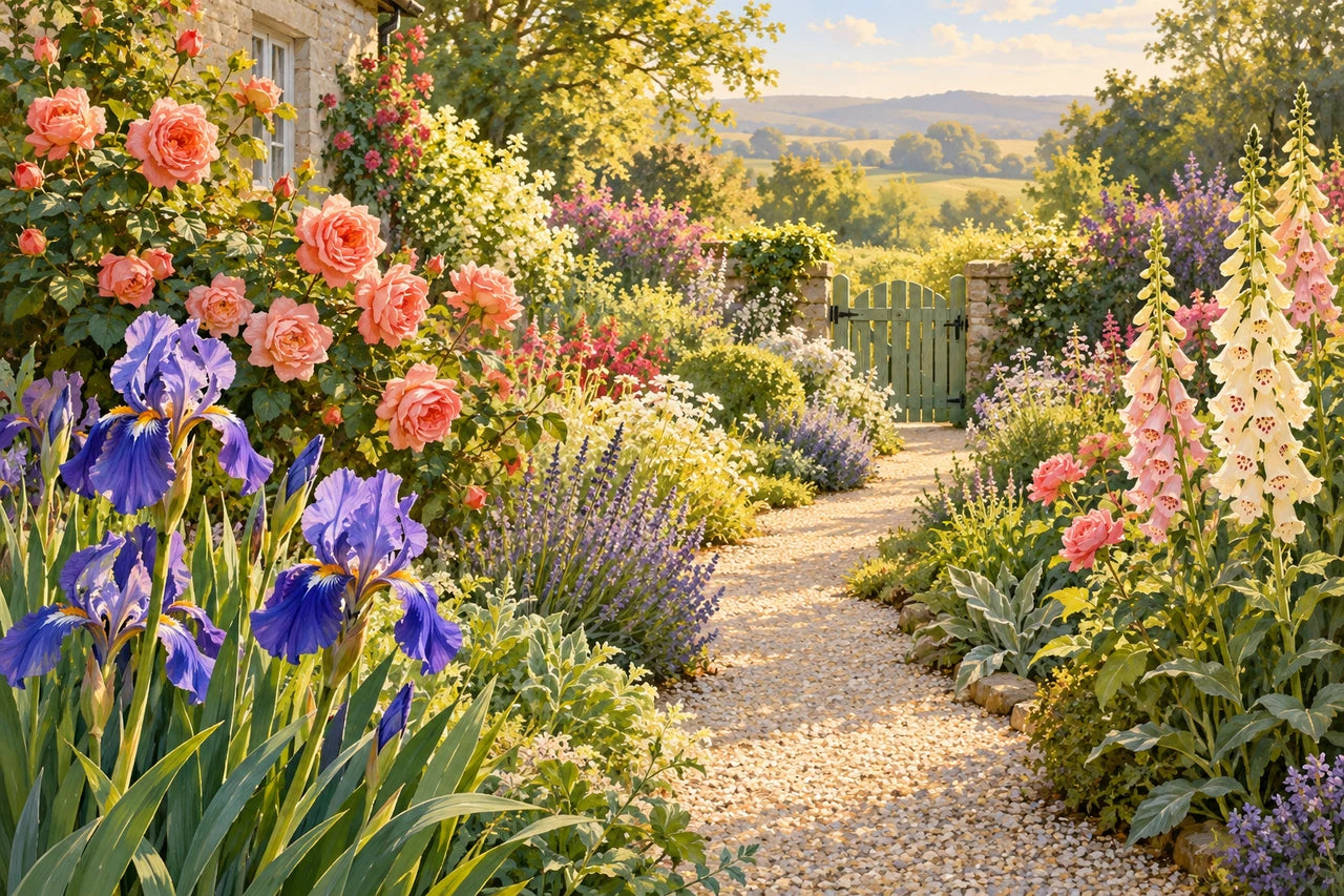A colourful garden painting plan with blue irises, coral roses, creamy foxgloves, a winding path and a sage gate.