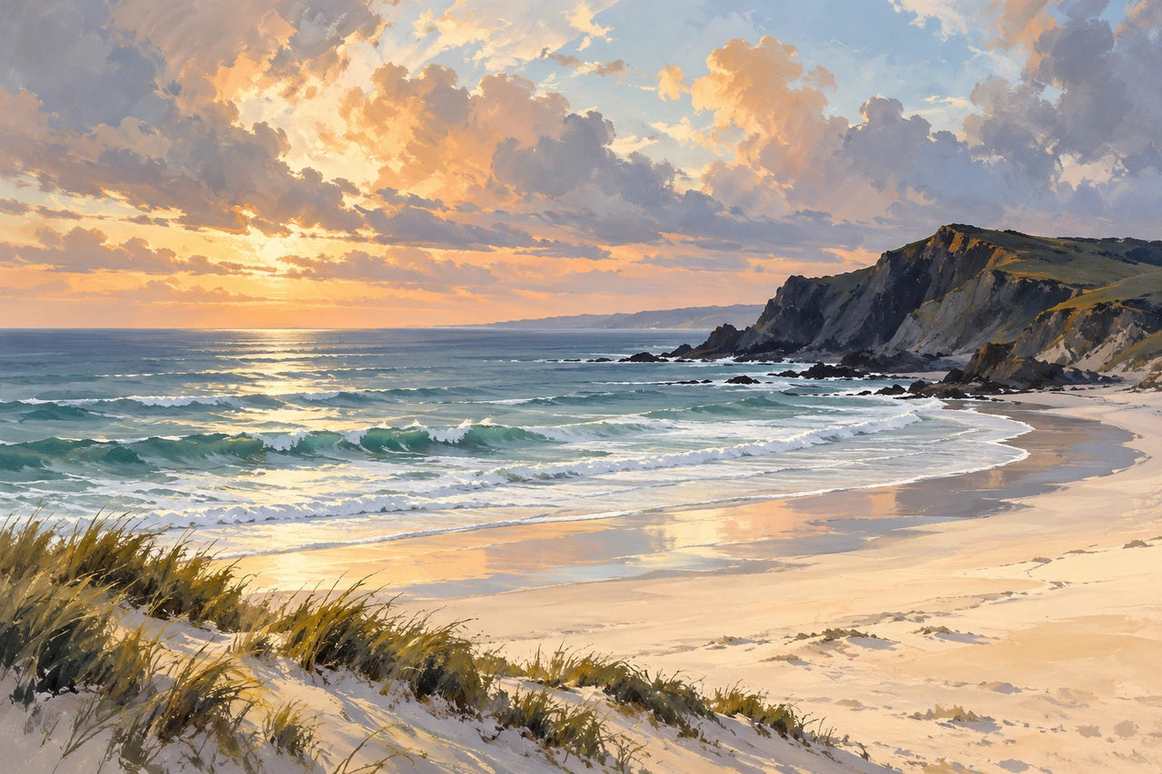 A coastal painting plan with a right-hand headland, sweeping beach, foreground dunes and a luminous apricot-blue sky.