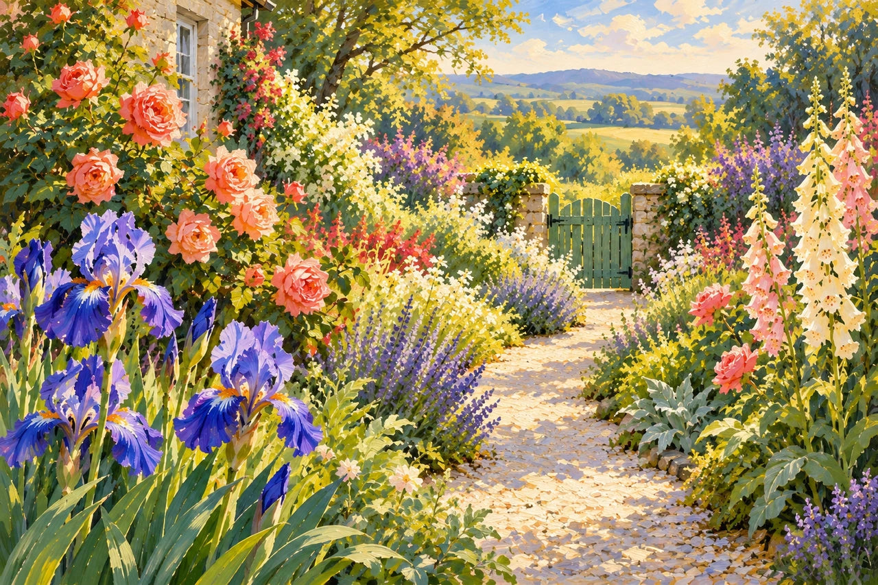 An expressive painted interpretation of the garden with luminous coral roses, blue irises and a sunlit path.