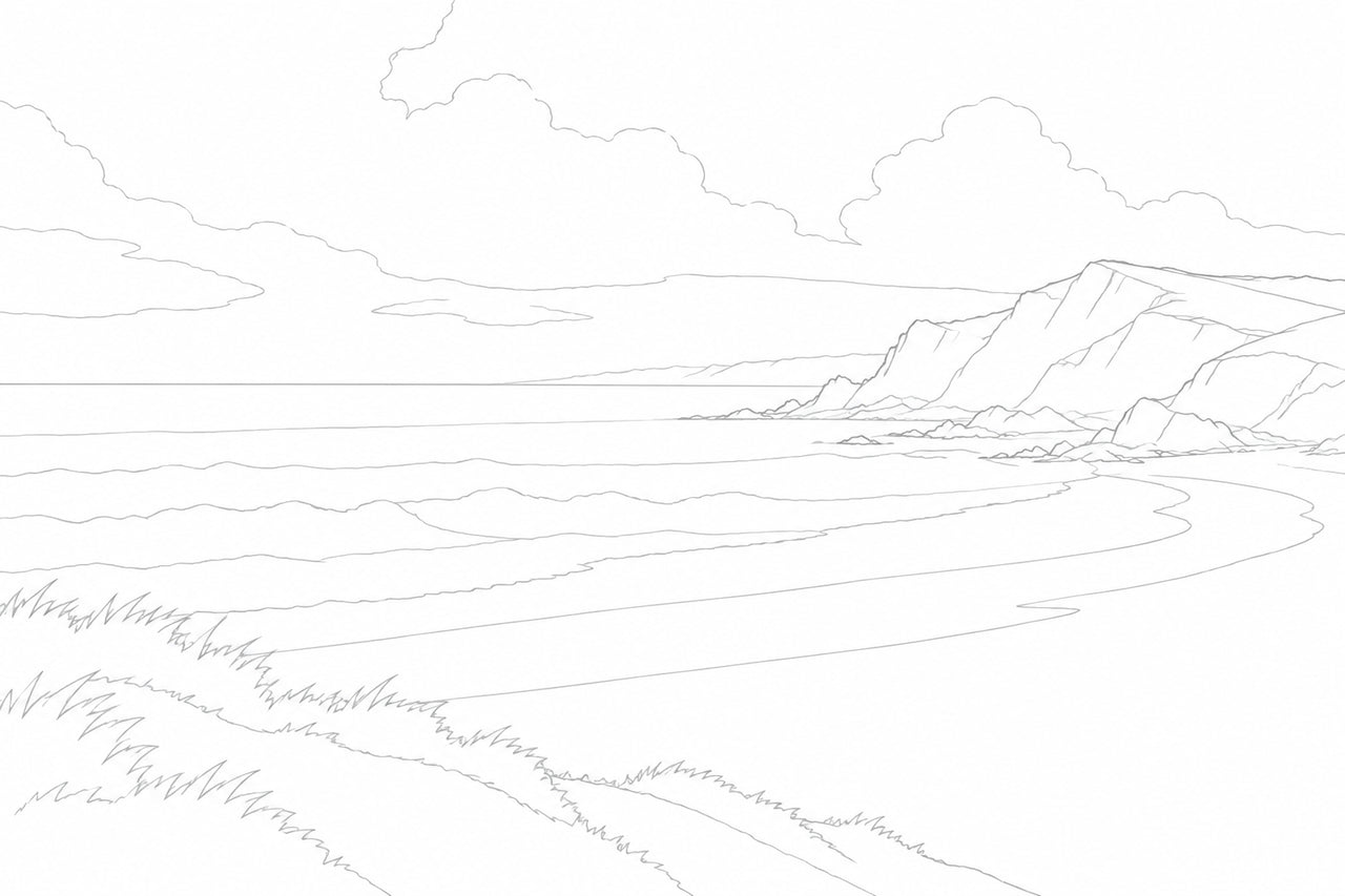 A pale grey outline guide showing the coastal headland, horizon, shoreline, dunes and a few clouds.
