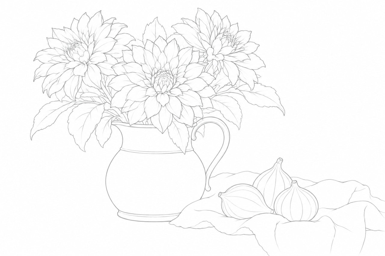 A light grey contour drawing of three dahlias, a handled jug, three figs and folded linen on white.