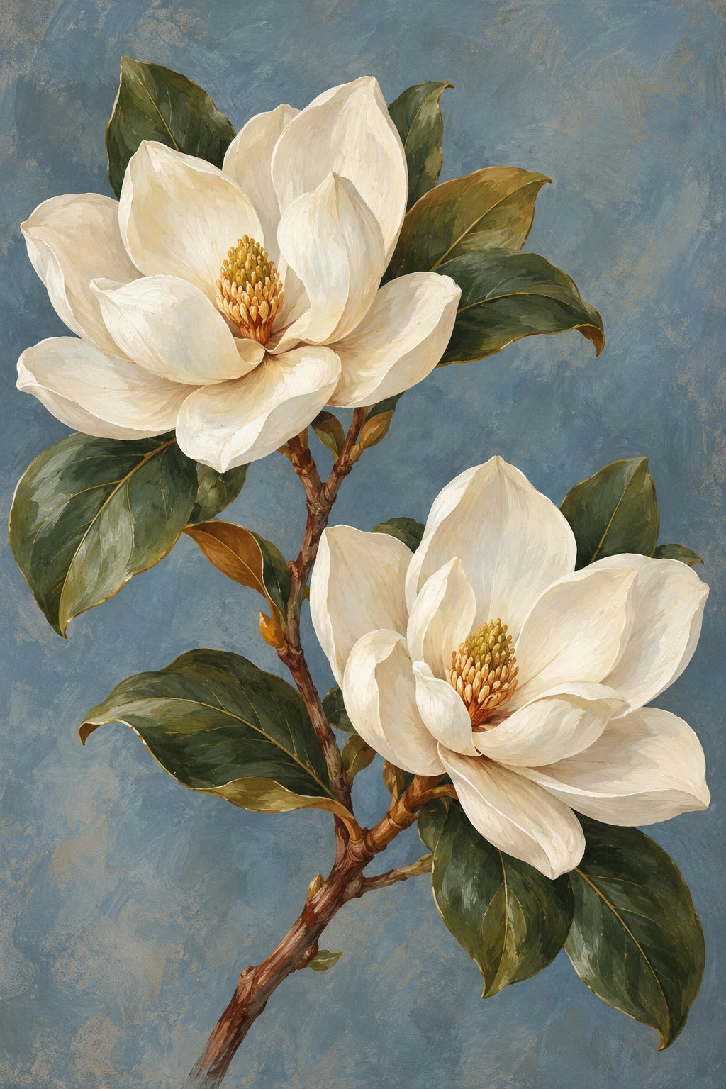 Two large ivory magnolia flowers with olive leaves and a warm brown branch against muted blue grey.