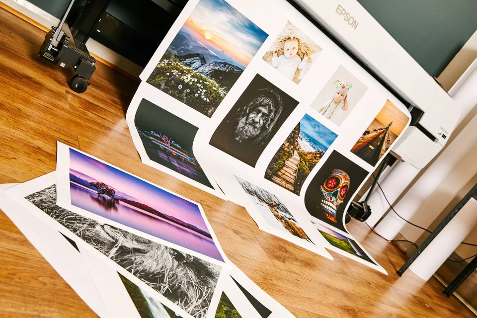 Several photographs coming off the printer onto the workshop floor