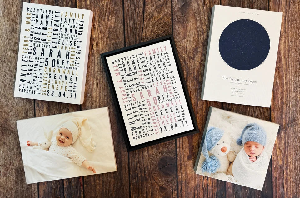 A mixed collection of finished personalised prints on wood