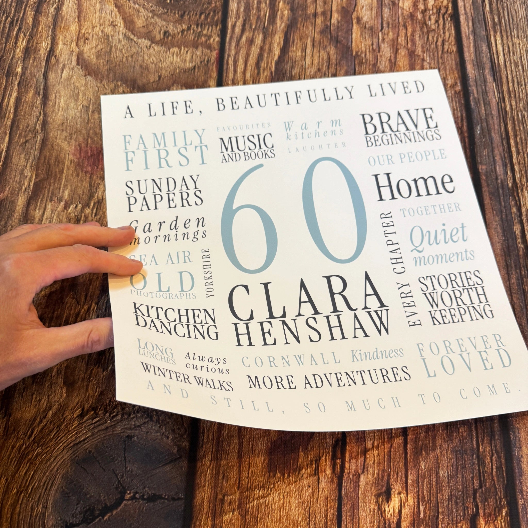 A square personalised sixtieth birthday Word Art poster for Clara, held above a wooden worktop.