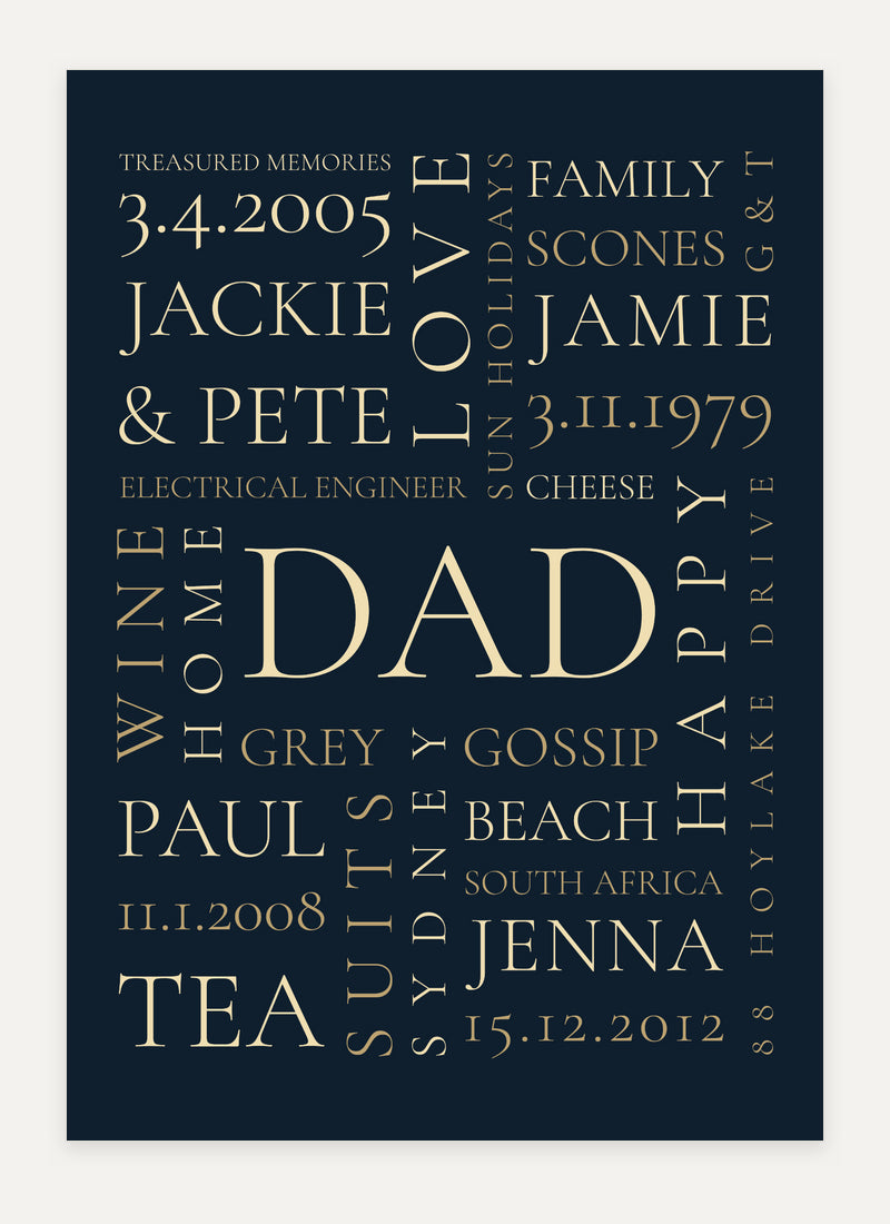 All About You design featuring Dad in navy and warm gold.