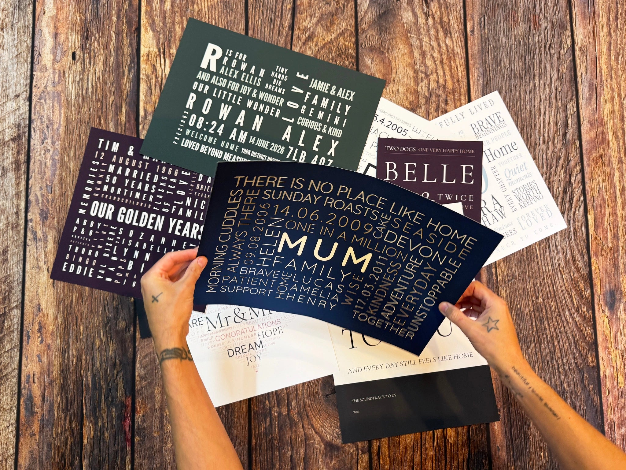 A navy Mum Word Art poster held above family, pet, wedding and birthday designs.