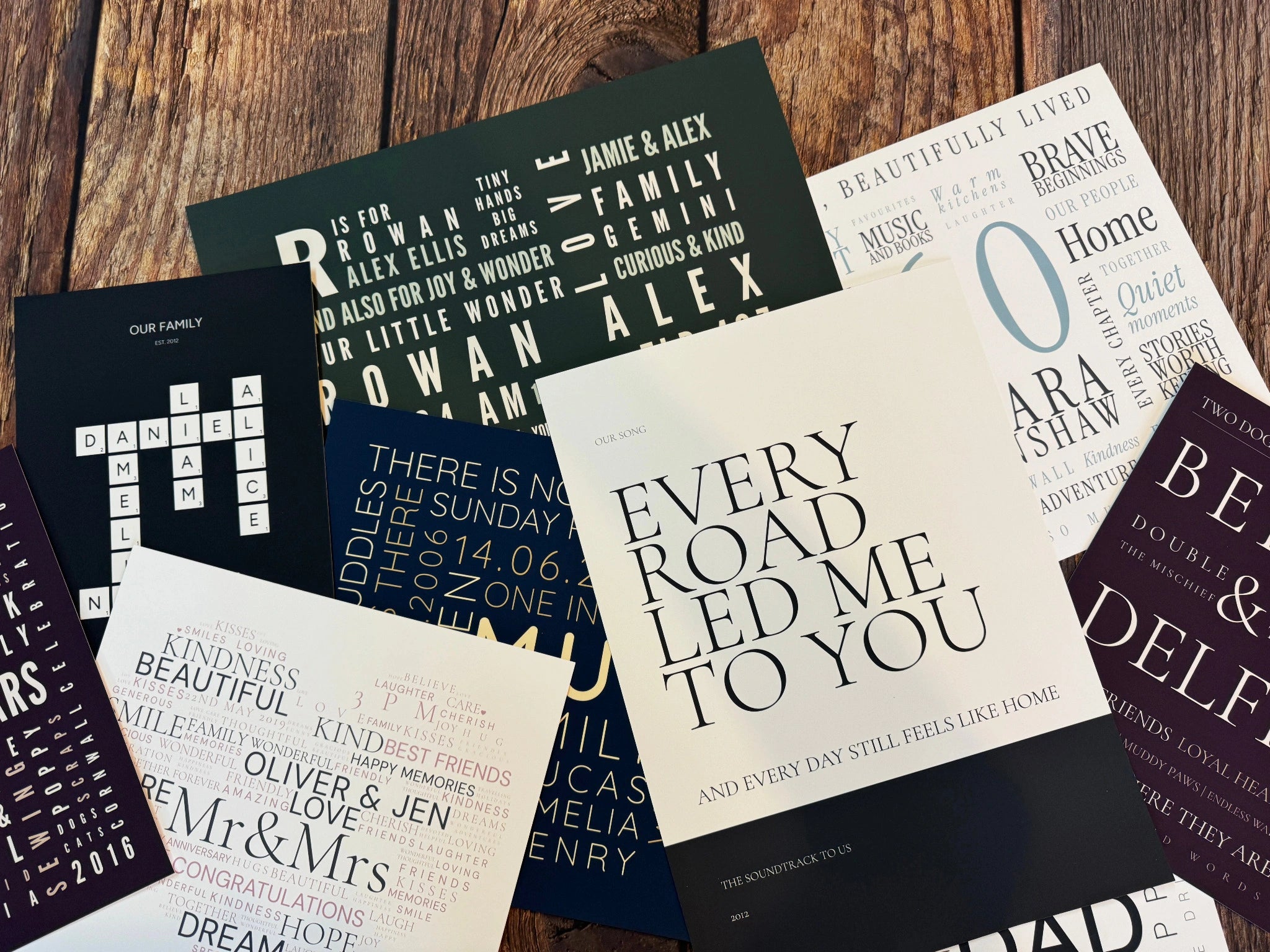 A collection of genuine Word Art posters, including family names, a birthday, a wedding and a short statement.