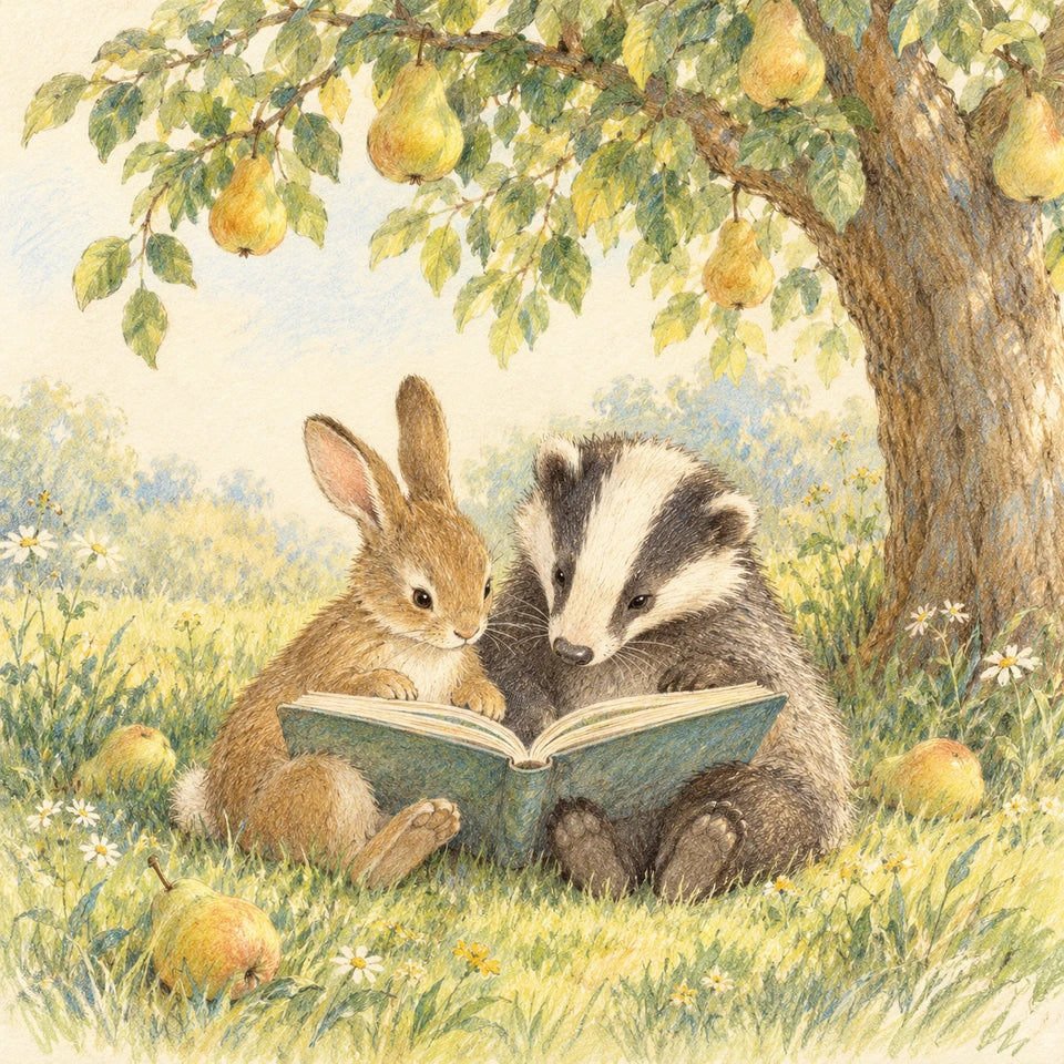 The reading tree - picture-book pencil illustration of a small rabbit and a young badger sharing one open book beneath a pear tree.
