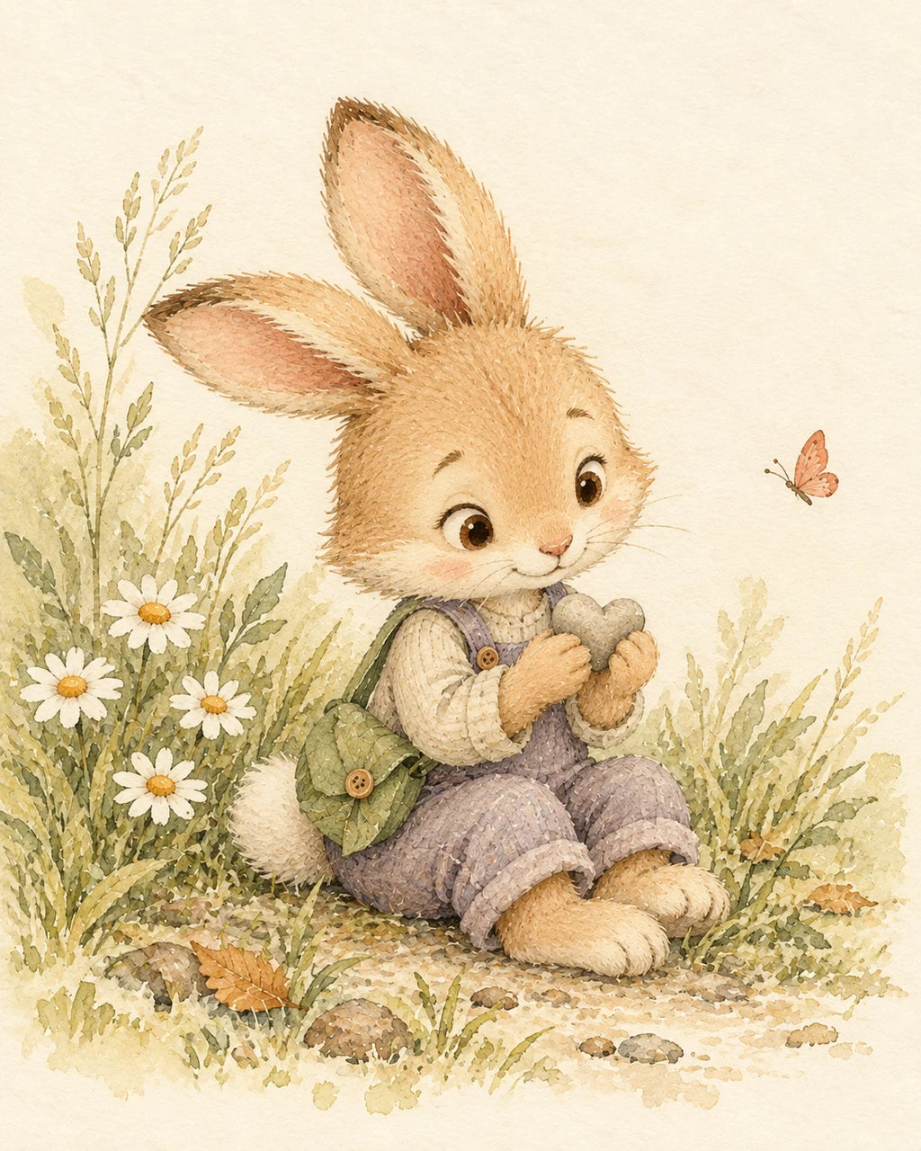 Cream rabbit in lavender dungarees holding a heart-shaped pebble.