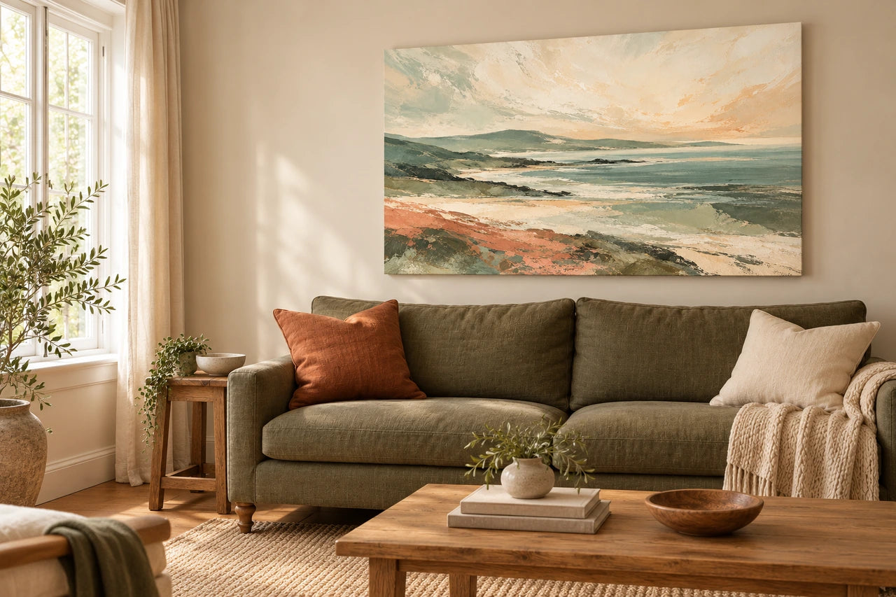 An imagined living room with an olive sofa, terracotta cushion and coastal canvas in related colours.