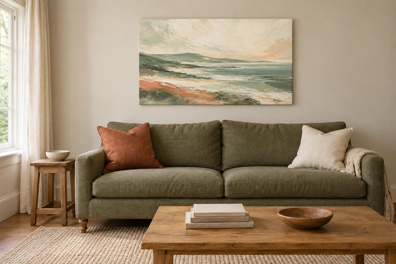 Sage, ivory and terracotta coastal artwork above an olive sofa in the practice living room.