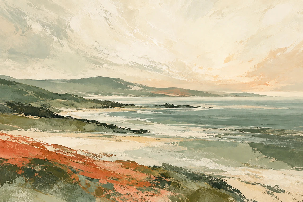 A warmer revision of the coastal artwork with a richer terracotta foreground and a quieter sage distance.