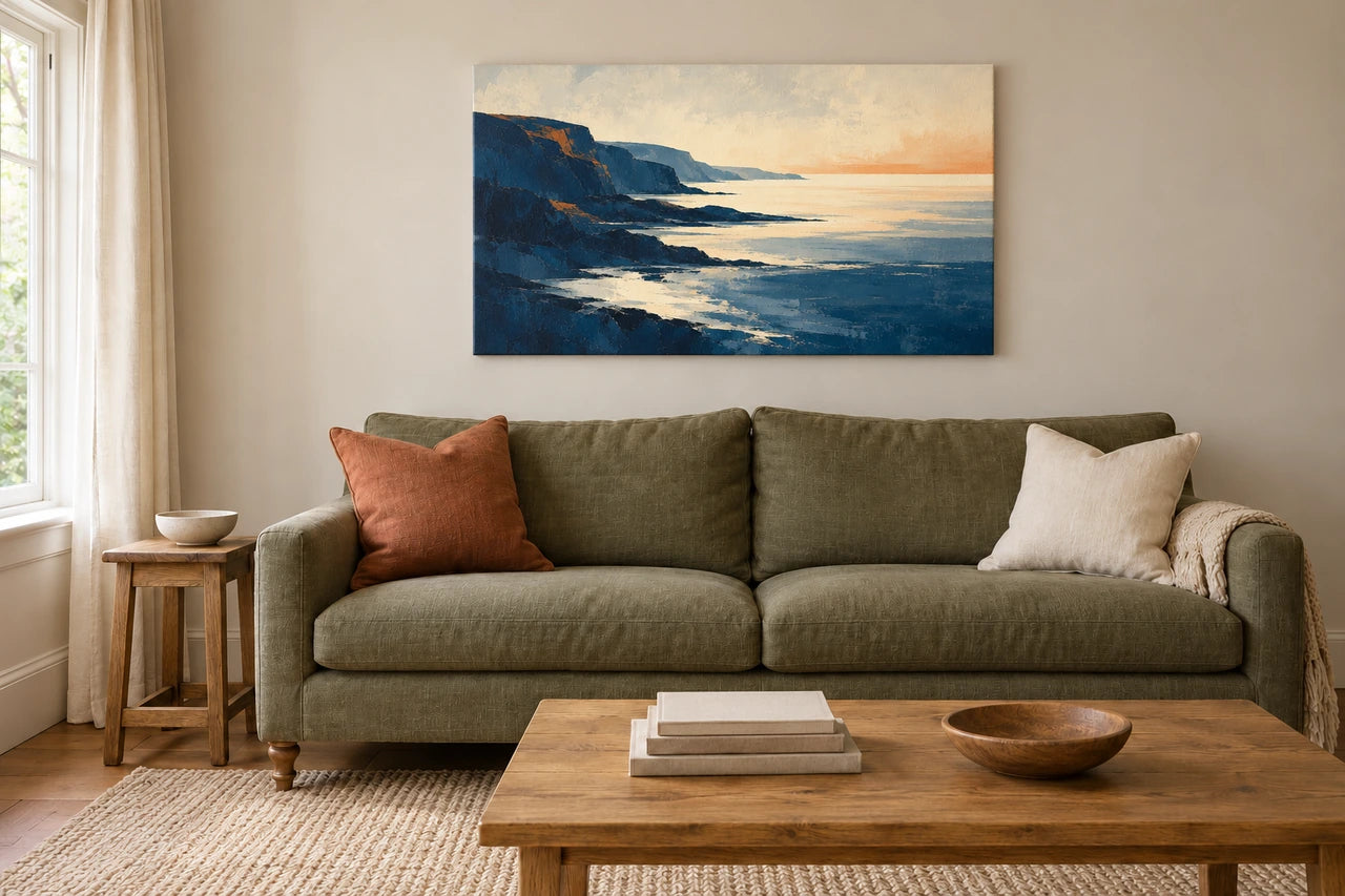 Deep blue coastal cliff artwork creates a stronger focal point above the same olive sofa.