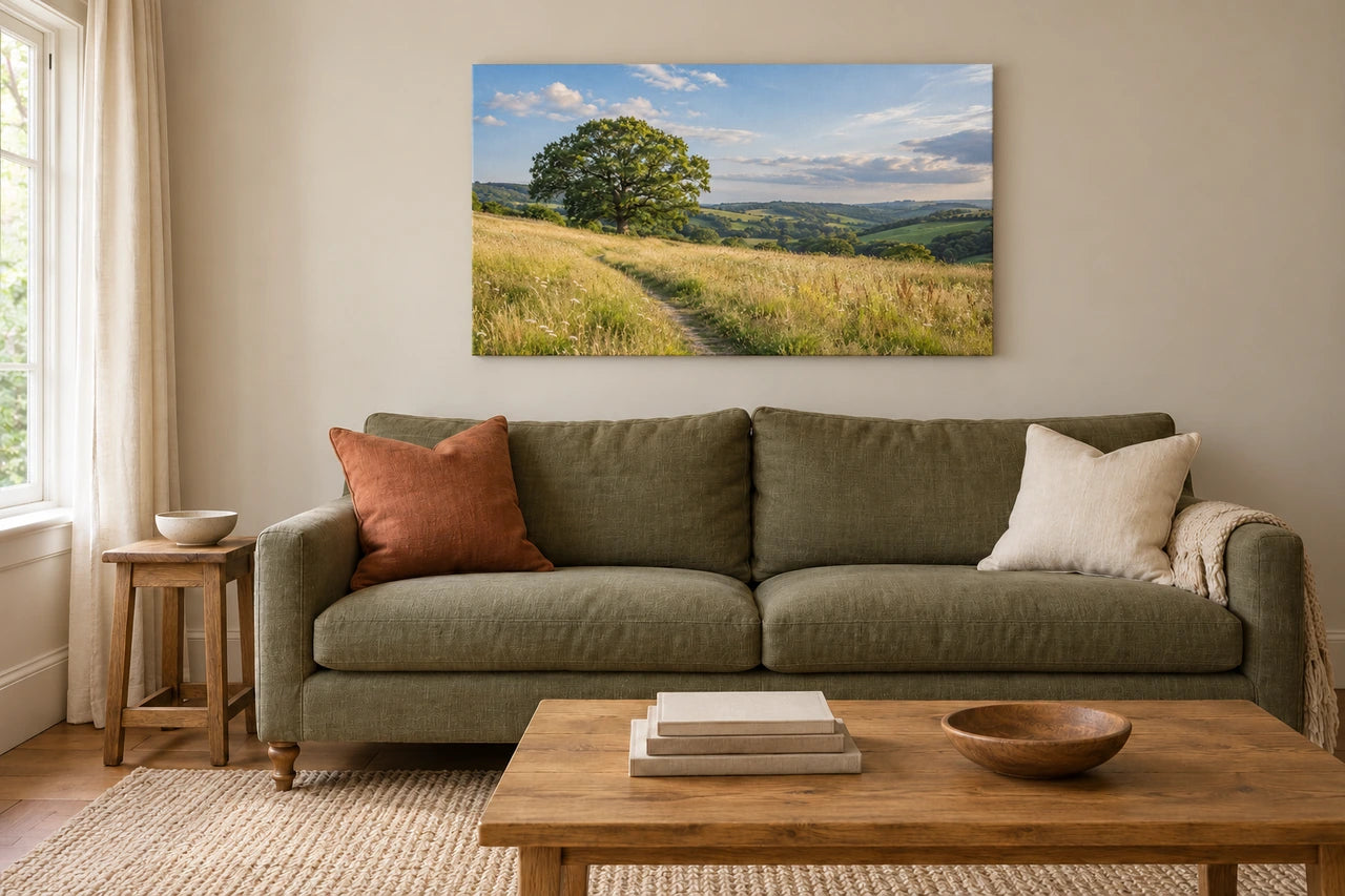 A photographic-style meadow, tree and winding path displayed on the canvas above the olive sofa.