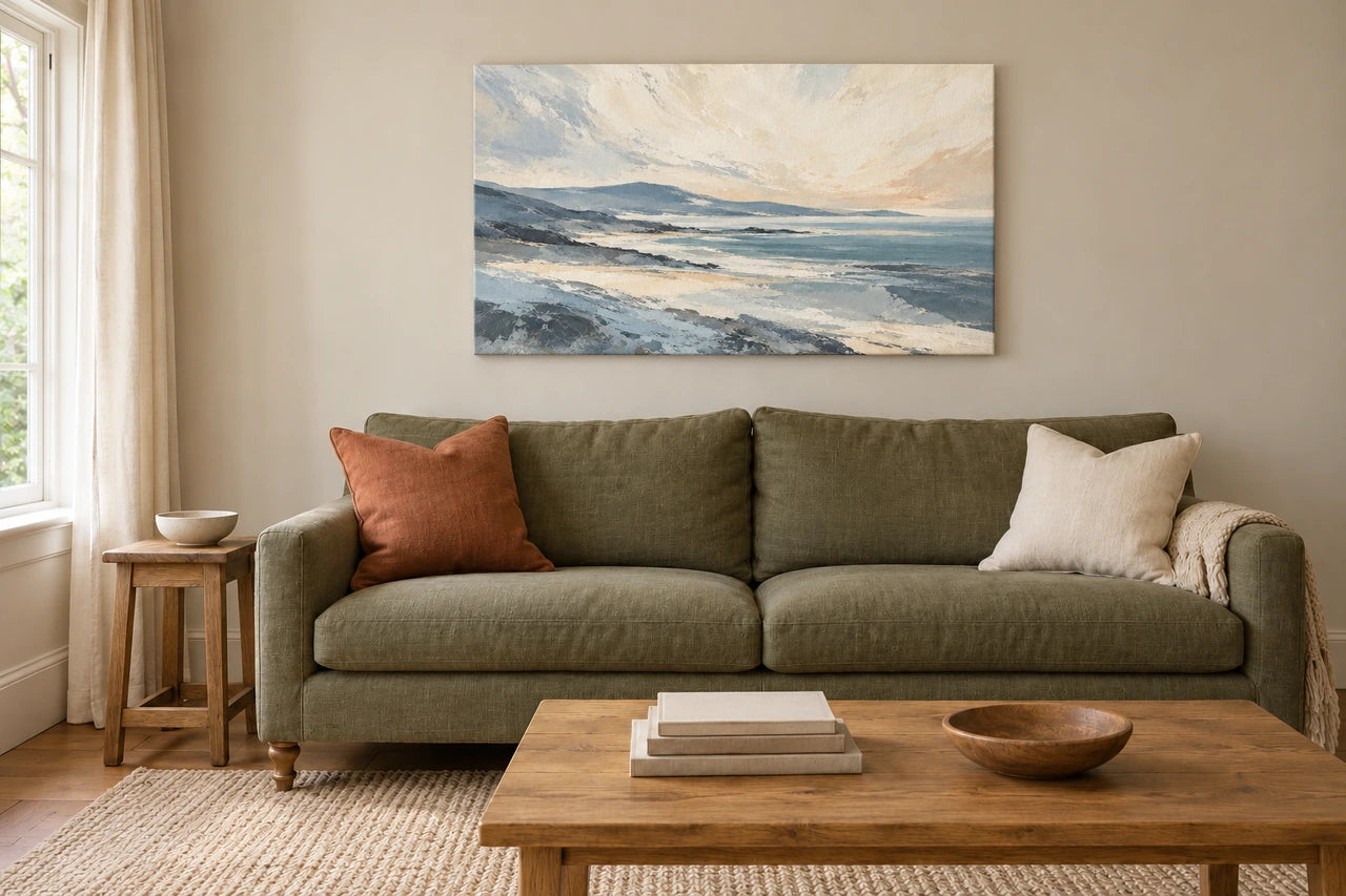 The cooler slate-blue coastal palette edit displayed above the same olive sofa.