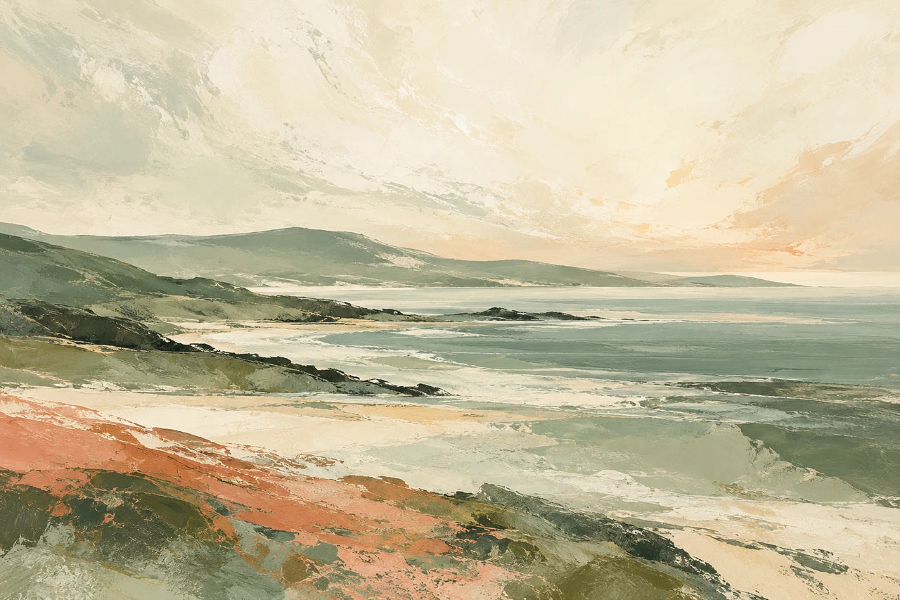 An original coastal-inspired abstract artwork in sage, warm ivory and terracotta, with broad painted shapes.