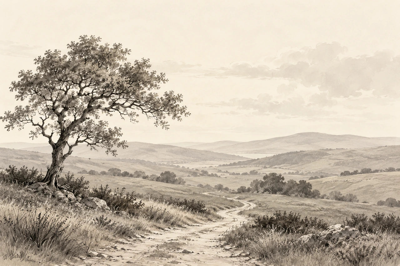 A restrained monochrome landscape drawing in warm grey, soft charcoal and ivory.