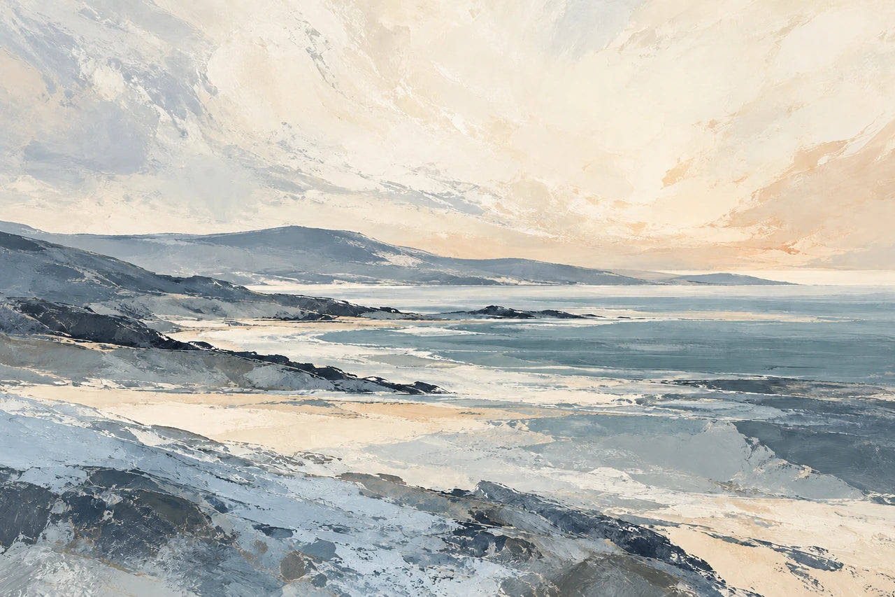 A cool slate-blue and ivory revision of the sage-and-terracotta coastal artwork.