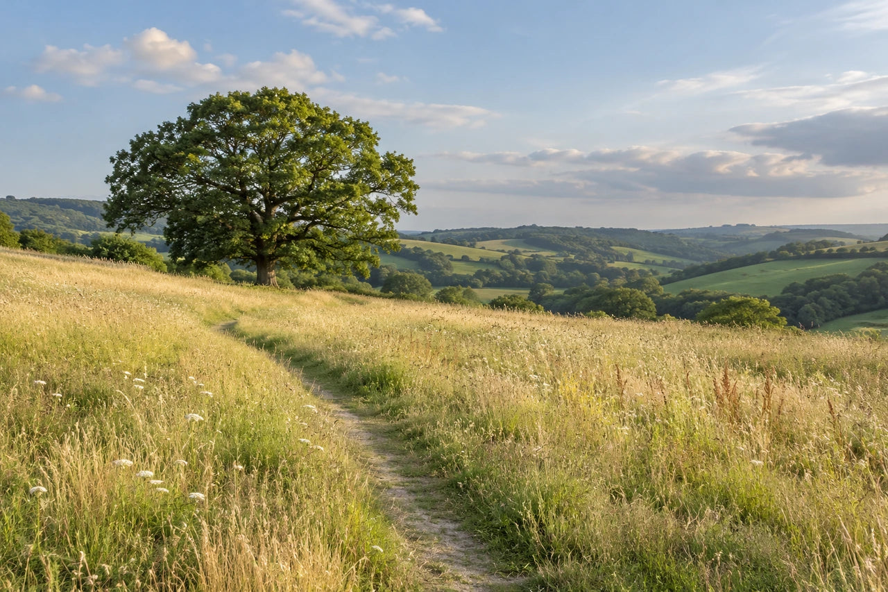 A fictional photographic-style meadow with a path, grasses and one broad tree in gentle summer light.