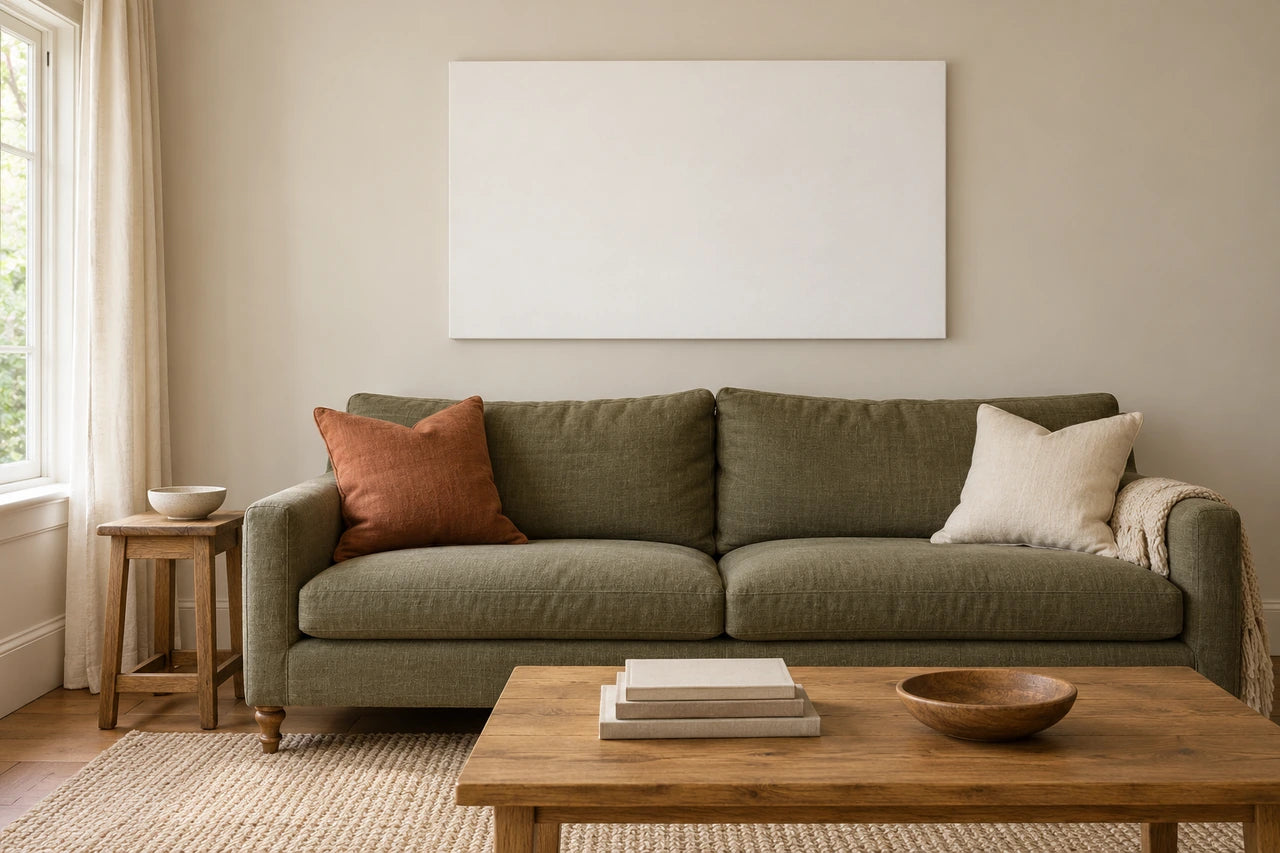 A fictional British living room with a warm neutral wall, olive sofa, terracotta cushion and a blank landscape canvas.