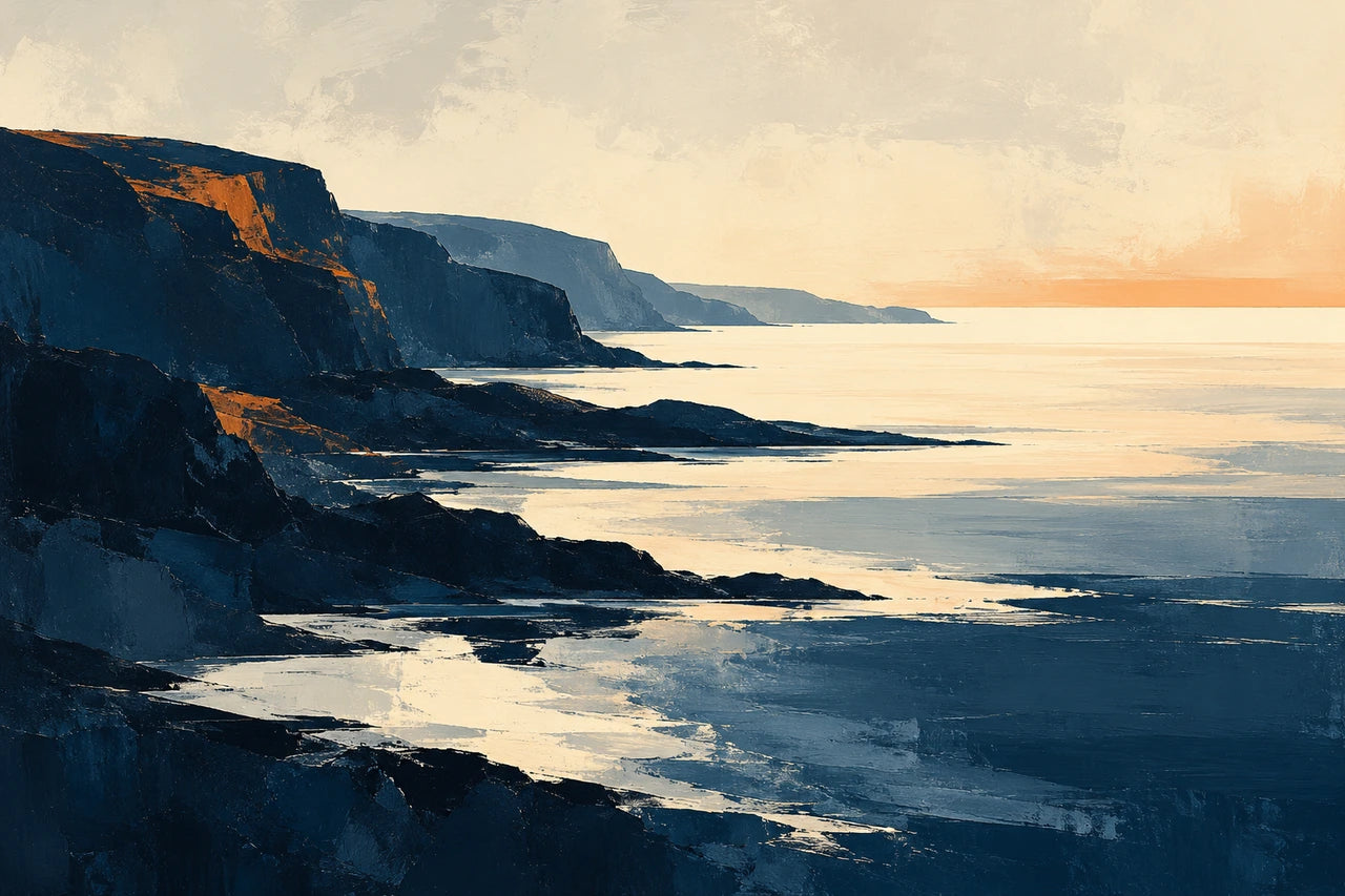 A graphic painted landscape in deep ink blue and warm cream with a small orange accent.