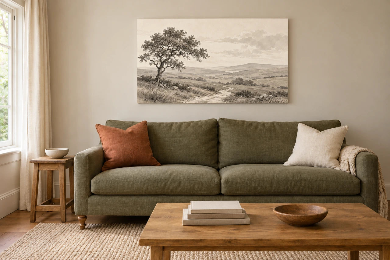 A warm-grey and charcoal tree-and-path landscape above the olive sofa in the practice room.