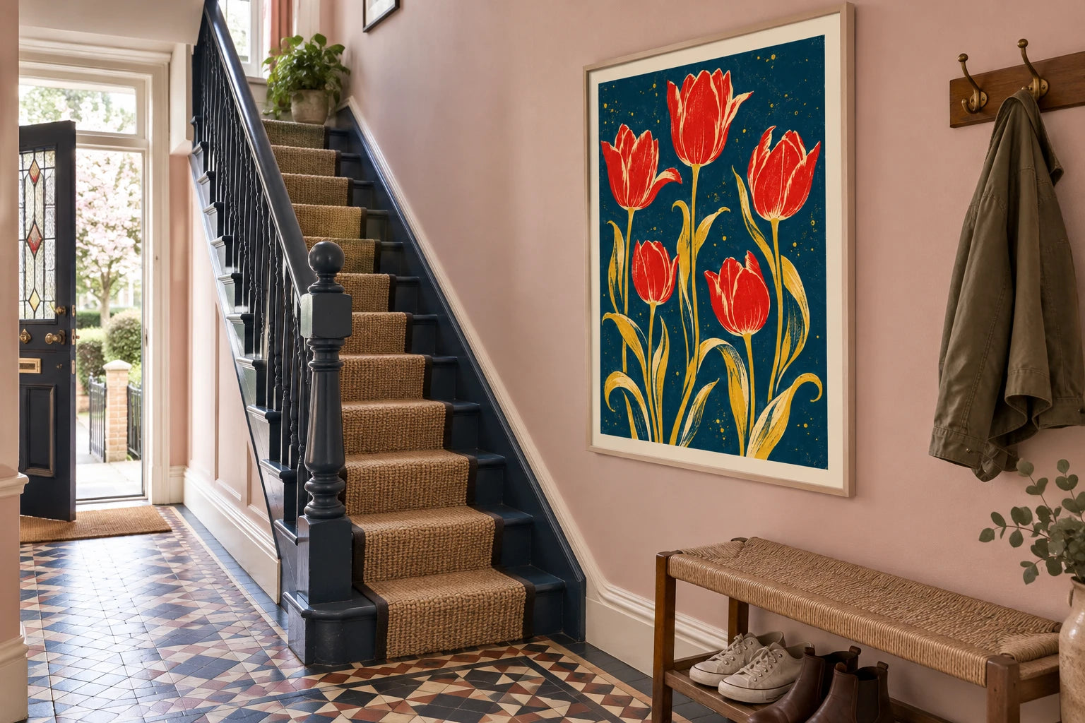 Graphic red tulip illustration in a styled hallway.