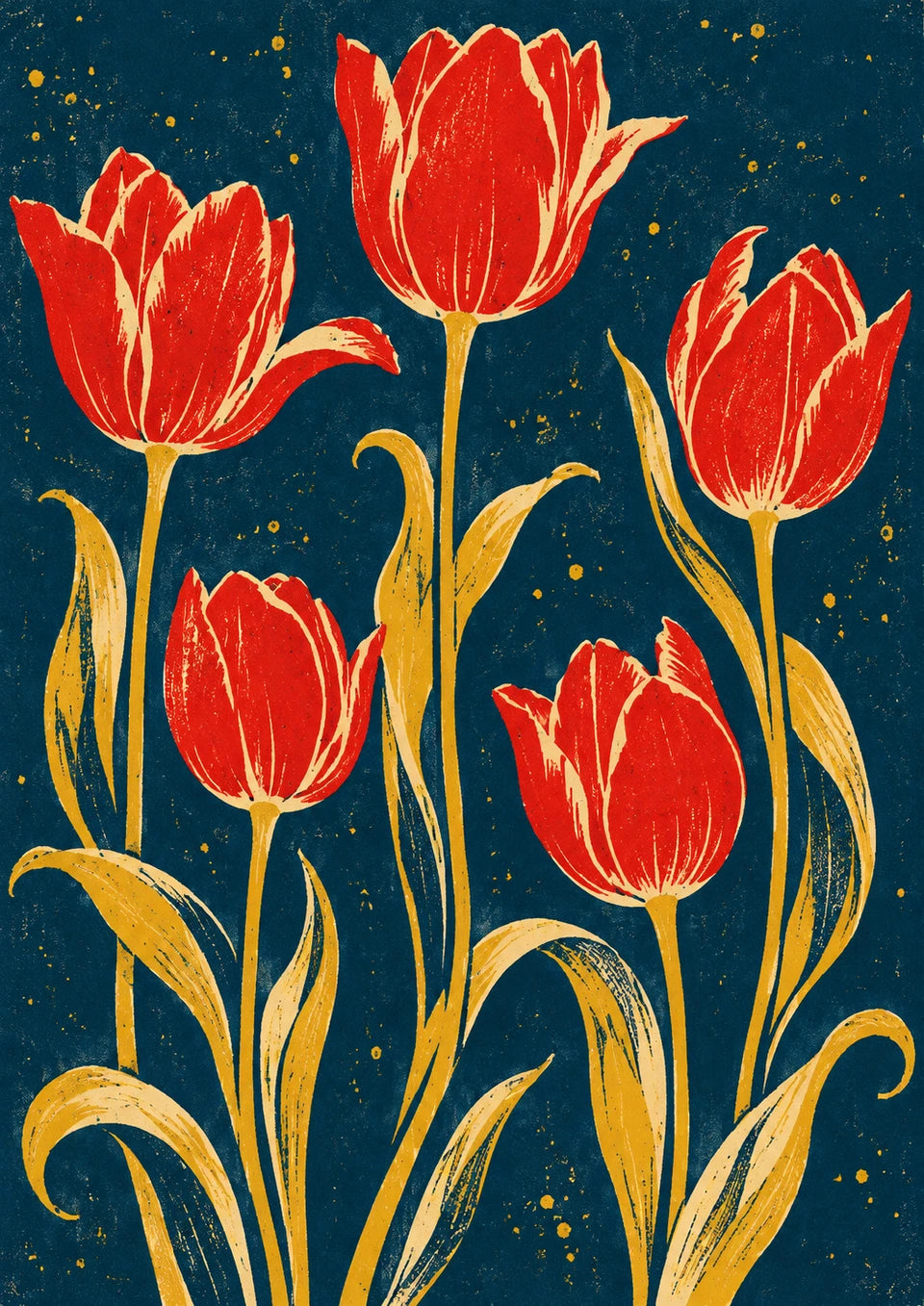 Tulips in block print - linocut illustration of five tall red tulips with curling leaves, growing at varied heights.