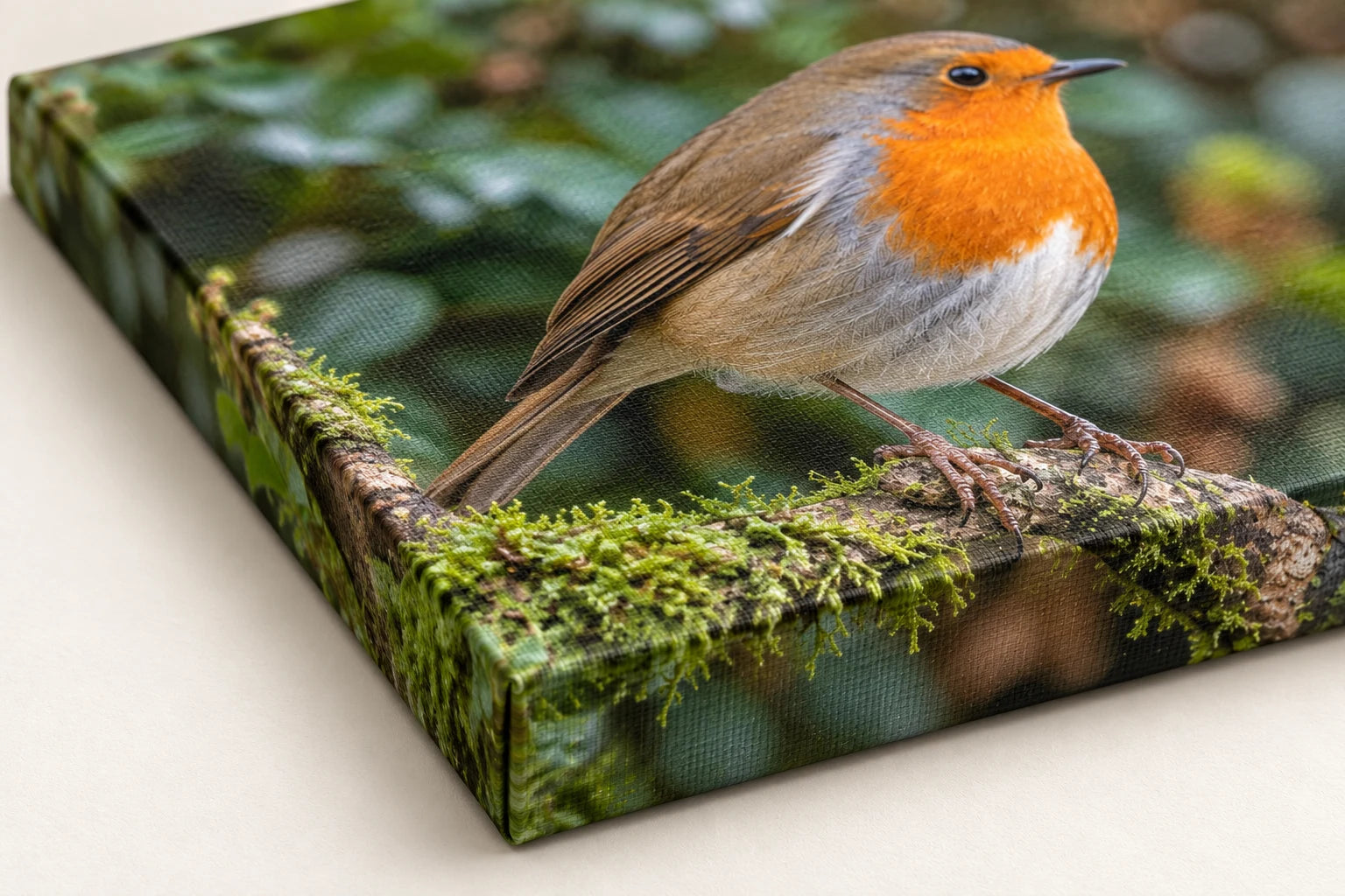 Illustrative close-up of a robin photograph on stretched canvas, showing fine woven texture and a neatly wrapped corner.