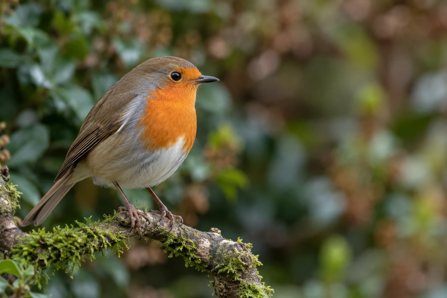 Illustrative European robin on a mossy twig, with a clearly defined eye and a softly blurred garden background.