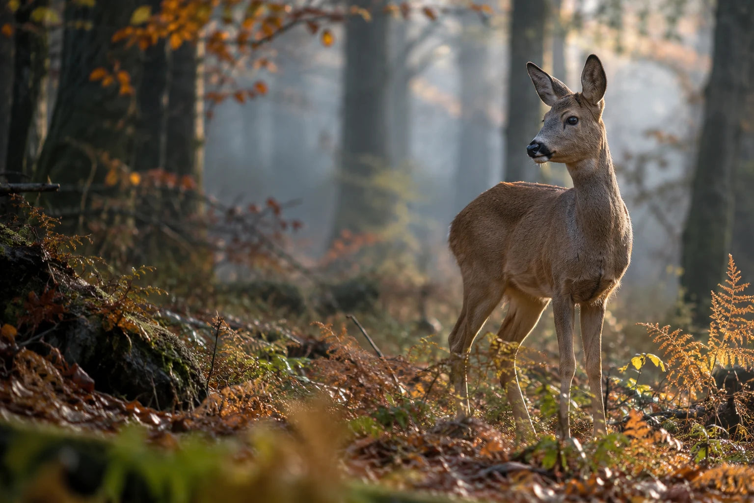 Photographic illustration of a roe deer at the edge of autumn woodland, with soft morning light and surrounding habitat.