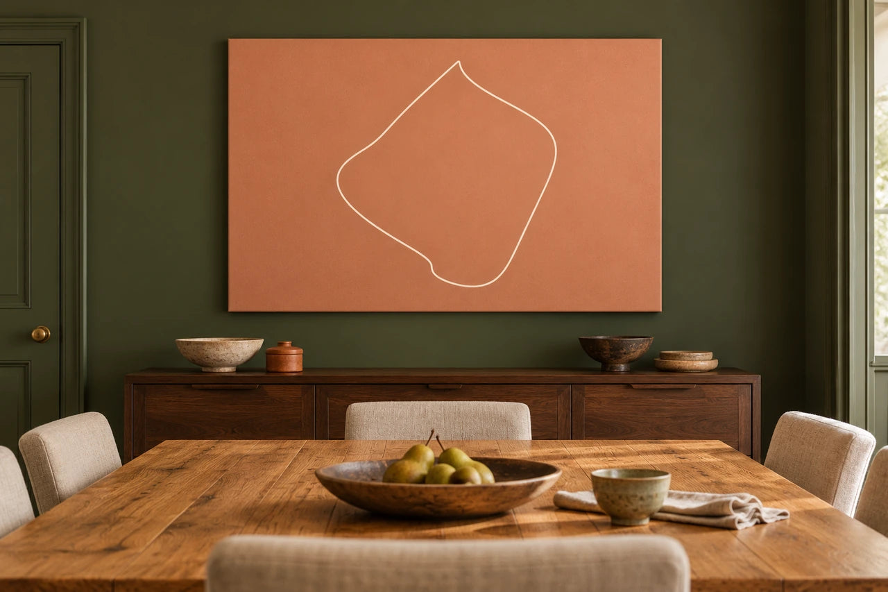 An imagined British interior displaying unlabelled route-inspired line art.