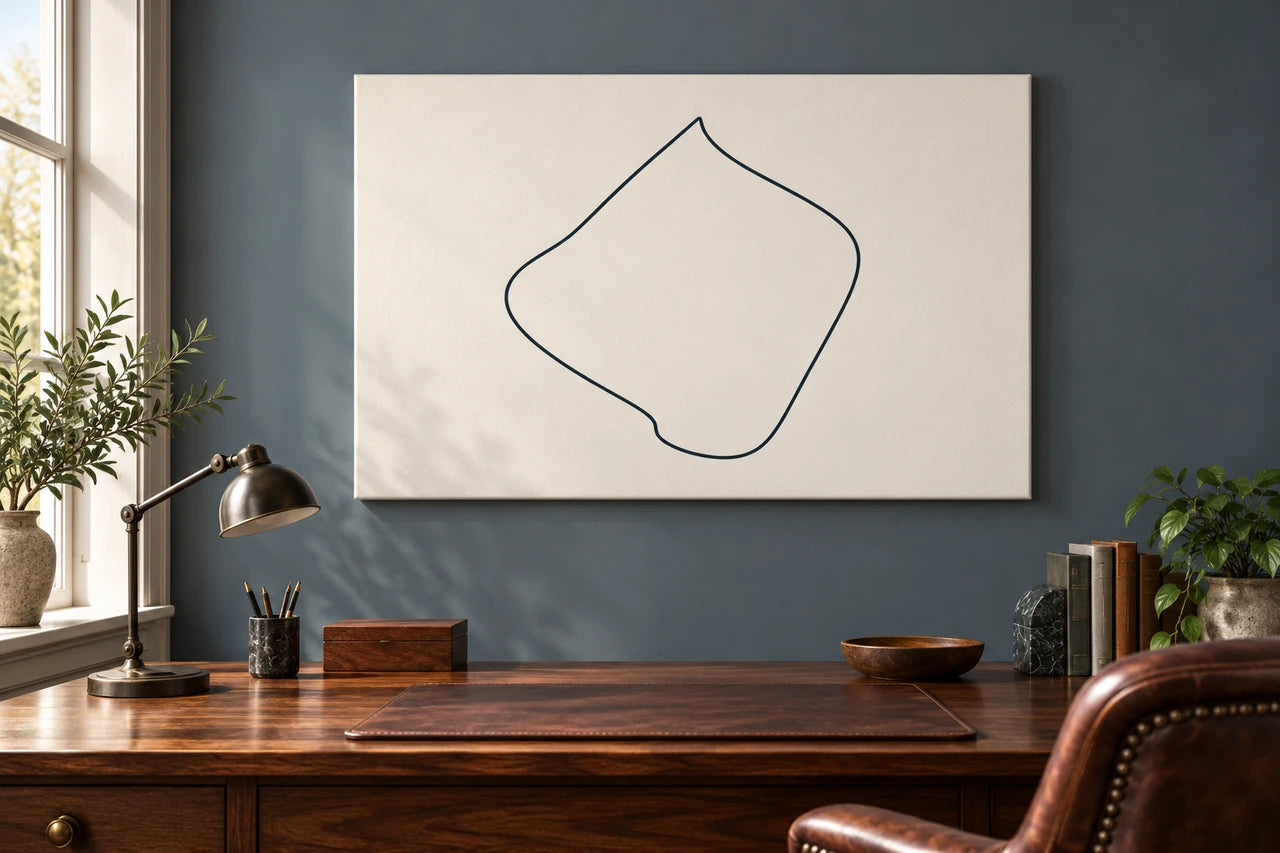 An imagined British interior displaying unlabelled route-inspired line art.