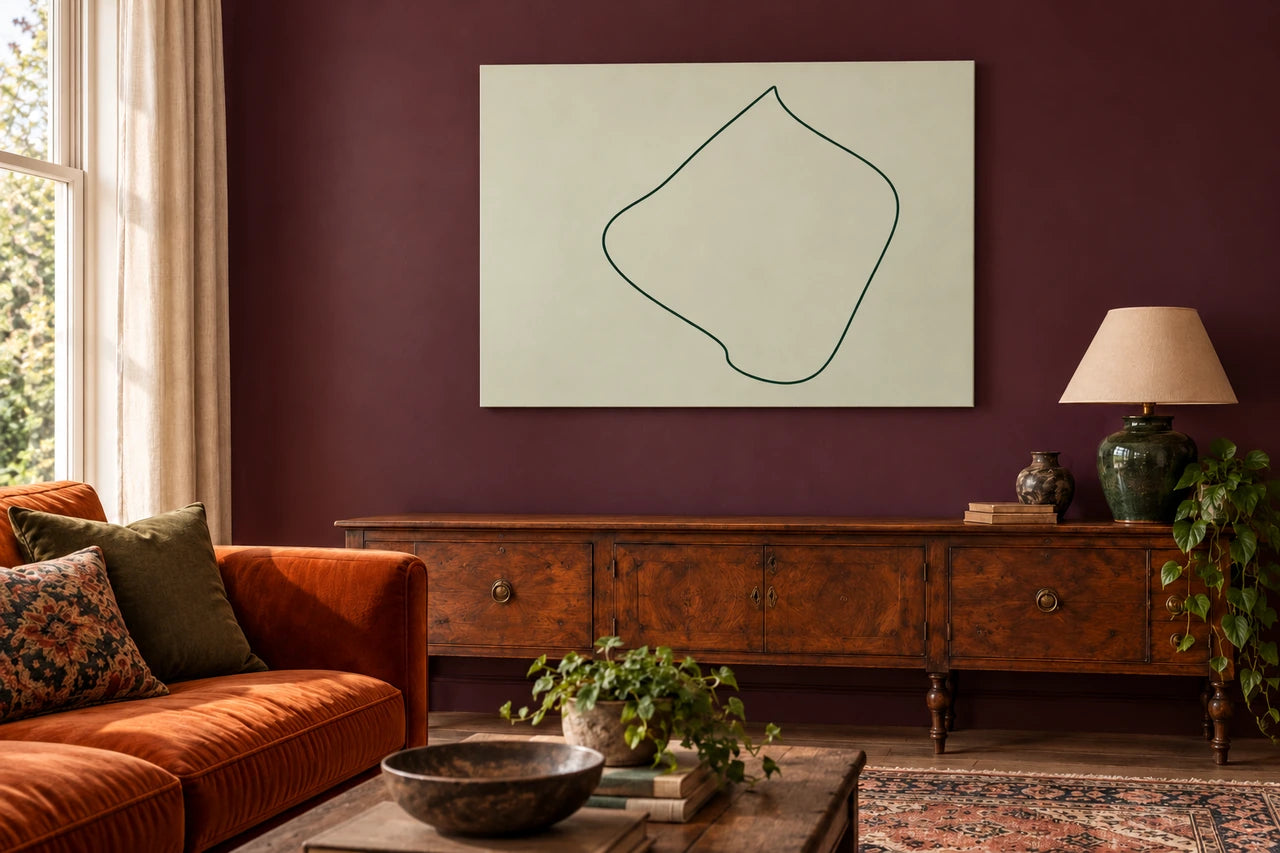 An imagined British interior displaying unlabelled route-inspired line art.