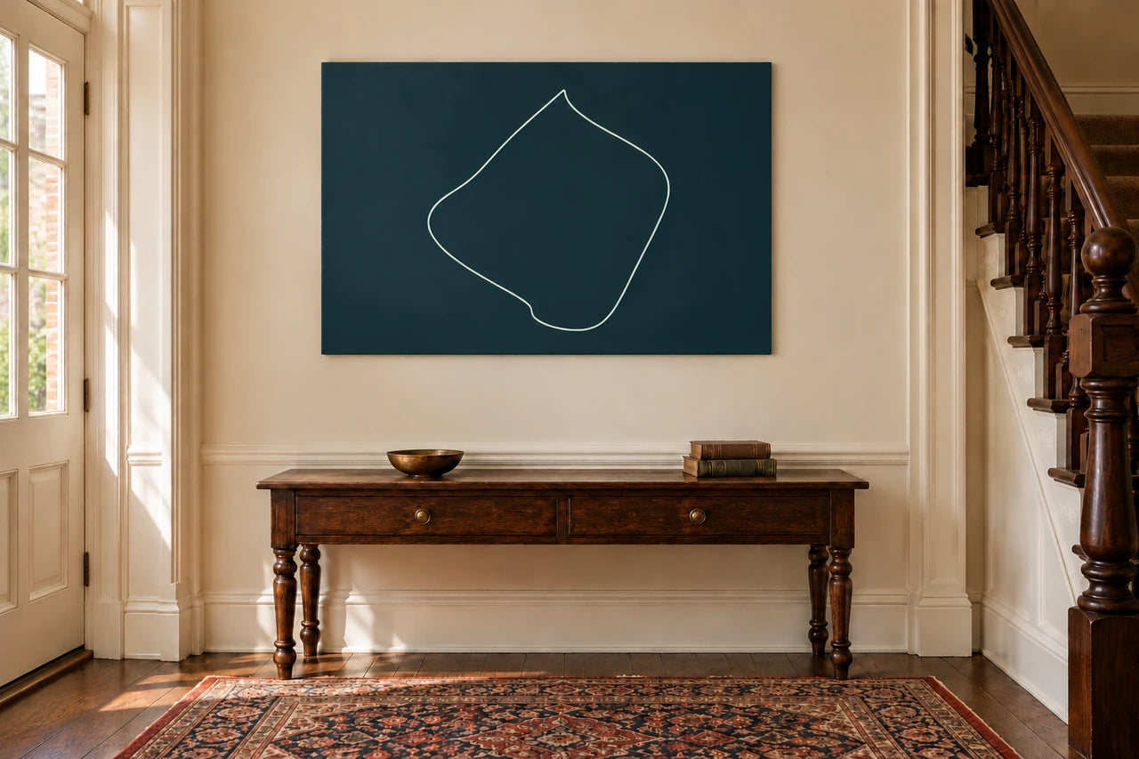 An imagined British interior displaying unlabelled route-inspired line art.