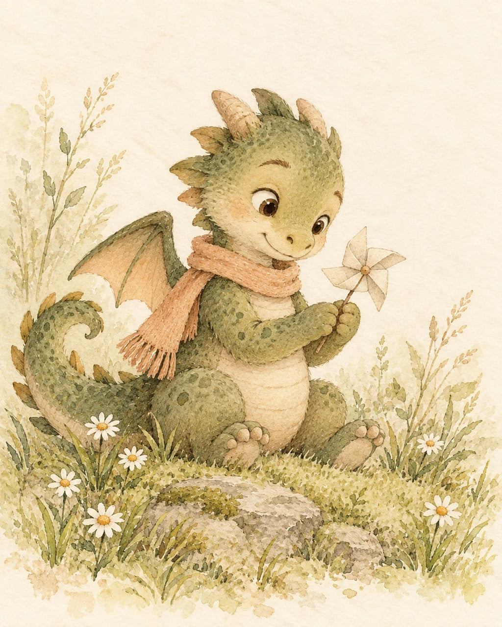 Little sage-green dragon in a peach scarf holding a cream paper windmill.