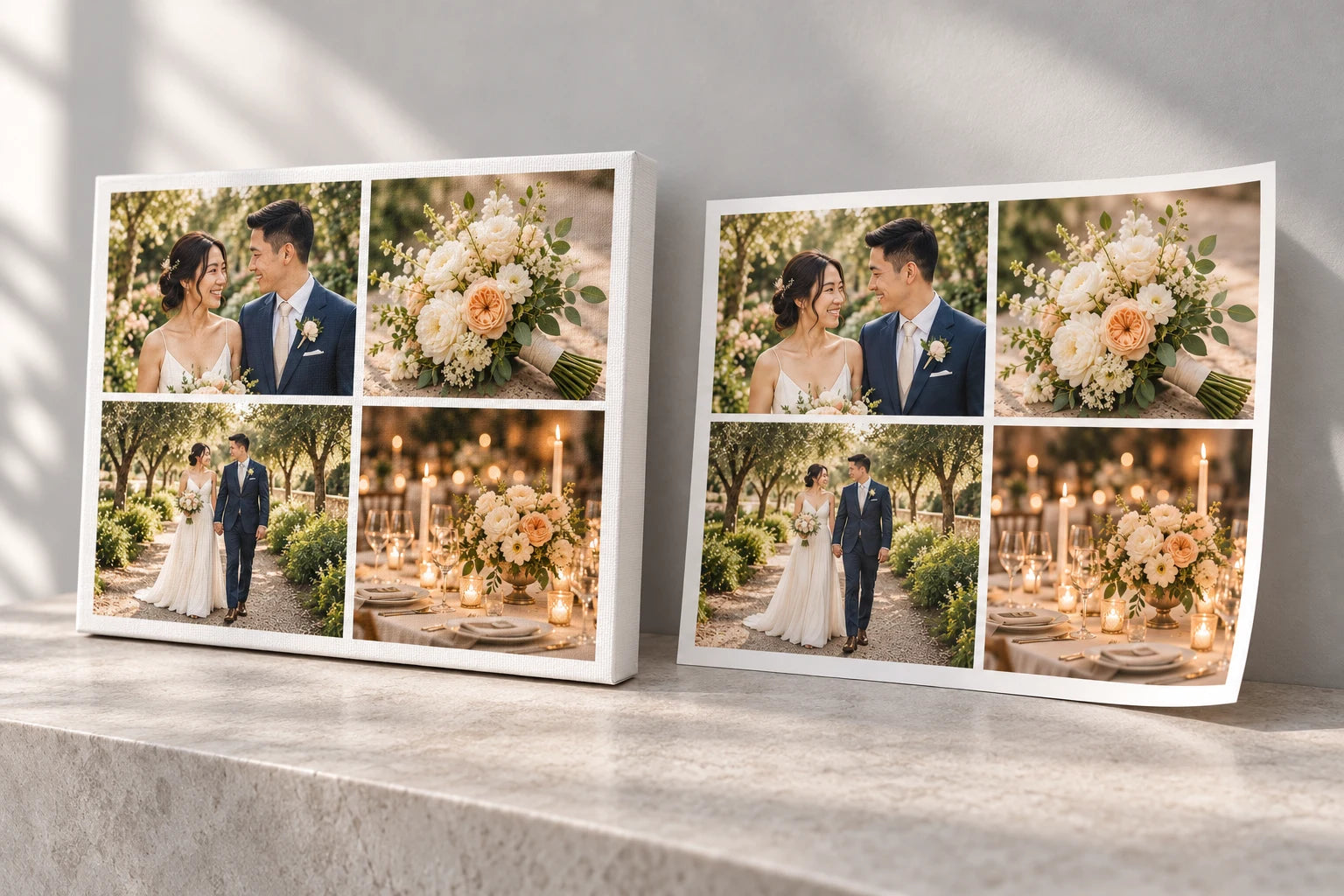 Illustration comparing the same four-photo wedding collage on canvas at left and unframed matte paper at right.
