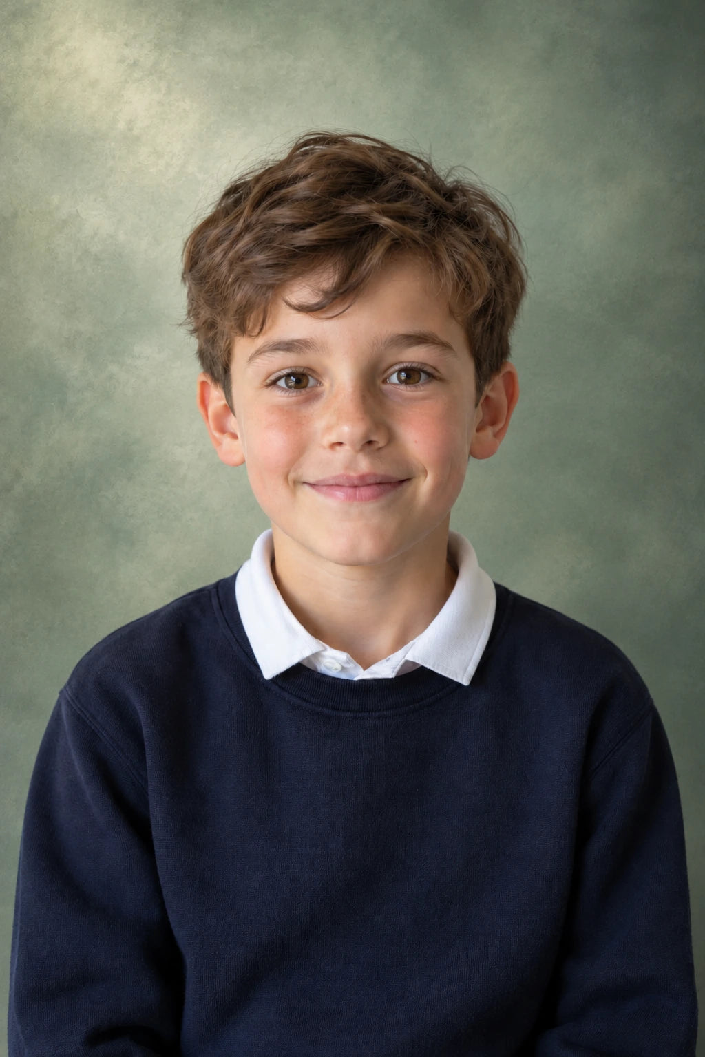 Fictional child in a navy jumper and white collar against a soft sage school-portrait background.