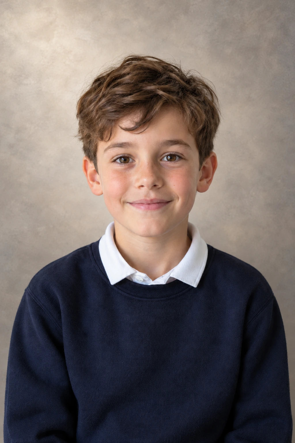 Fictional child in a navy jumper and white collar against a warm greige school-portrait background.