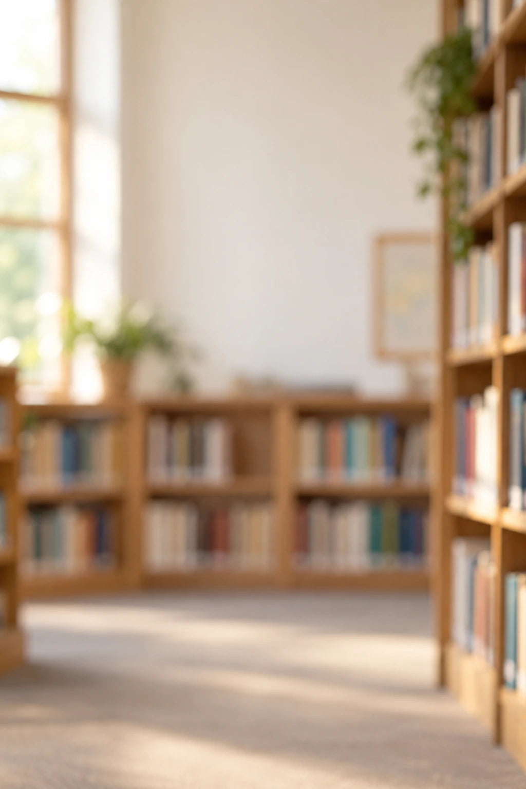 Empty softly blurred imaginary library with warm timber shelving and no readable book titles or school identification.
