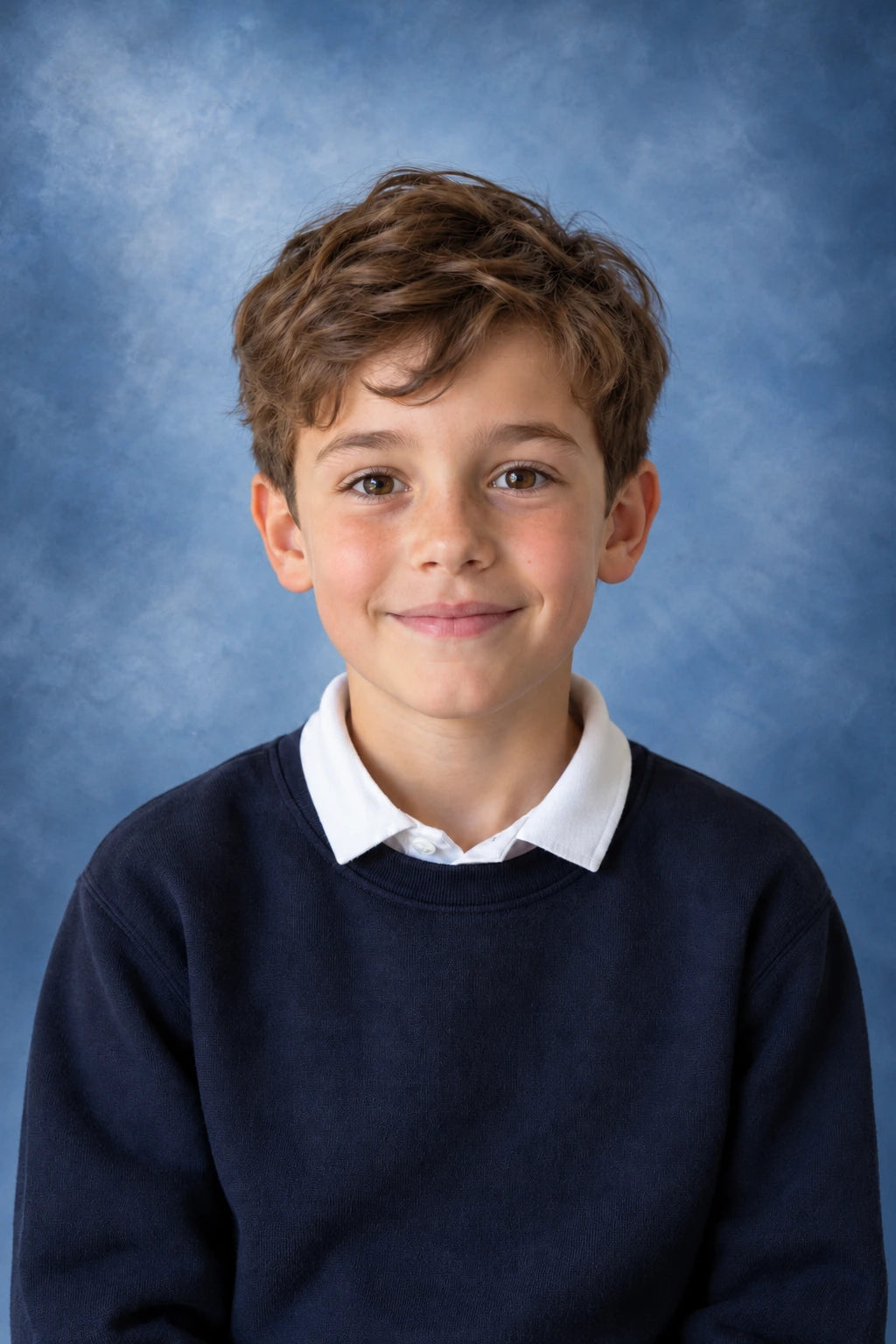 Fictional child in a navy jumper and white collar against a soft blue school-portrait background.