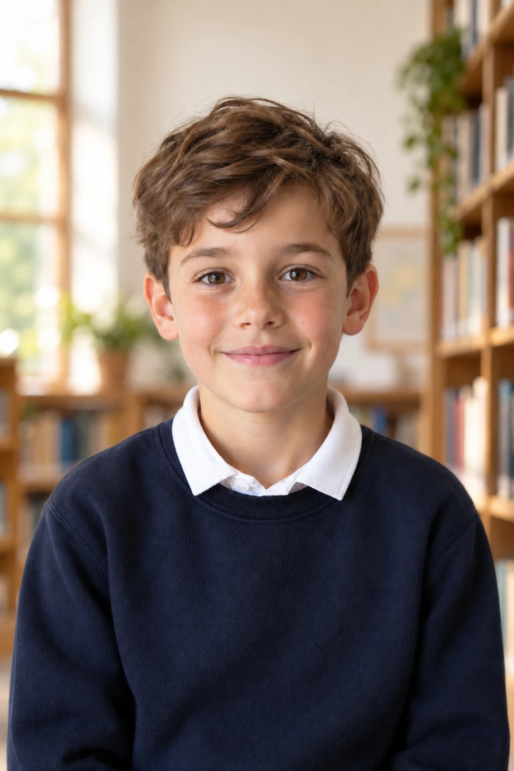 Fictional child in a navy jumper and white collar against a gently blurred library school-portrait background.