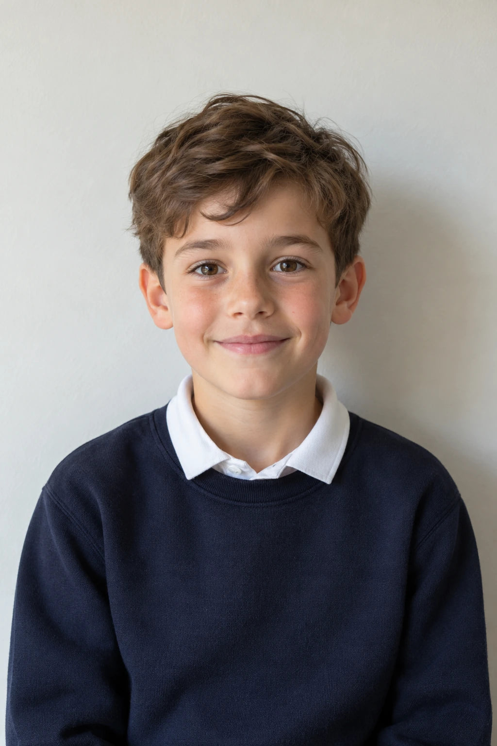 Fictional child in a plain navy jumper and white collar, photographed against a pale wall in soft window light.