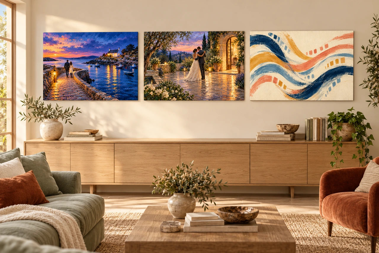 Imagined warm living room showing separate harbour, first-dance and abstract-rhythm artworks above an oak sideboard.